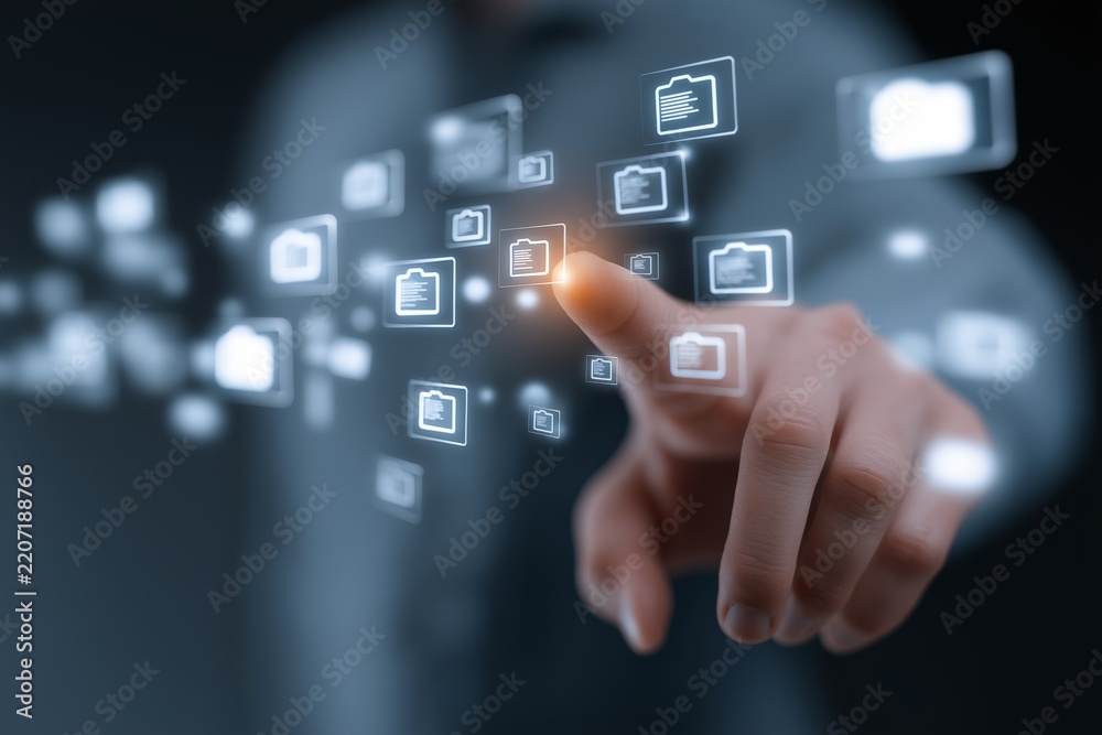 Obraz premium Hand interacting with an AI interface on a digital touchscreen, representing futuristic technology, human-computer interaction, innovation, and intelligent systems in a modern digital environment.
