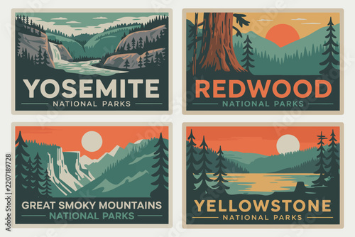 National Park Badges Yosemite, Redwood, Great Smoky Mountains, Yellowstone, Vintage Adventure Travel Emblem Vector, Retro Outdoor Emblem Graphic