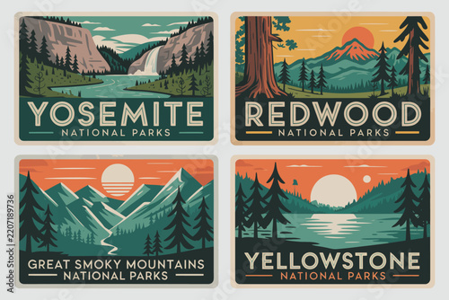 National Park Badges Yosemite, Redwood, Great Smoky Mountains, Yellowstone, Vintage Adventure Travel Emblem Vector, Retro Outdoor Emblem Graphic