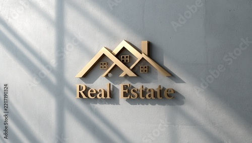 Wooden roof logo with real estate text on wall