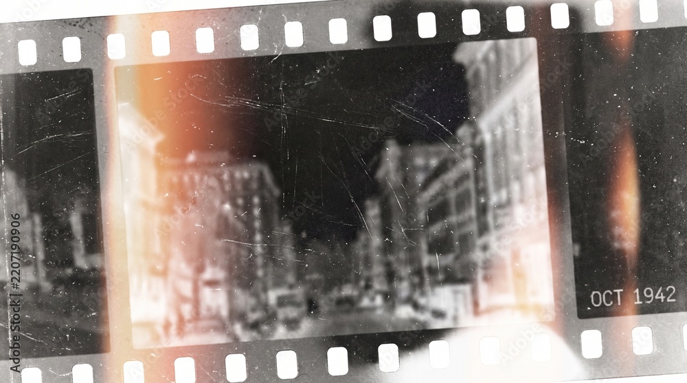 Obraz premium Old film texture with scratches, noise and light leaks. Realistic transparent overlay film texture in black-white, dust and grain. Distressed retro movie or photo negative effect of cinema nostalgia