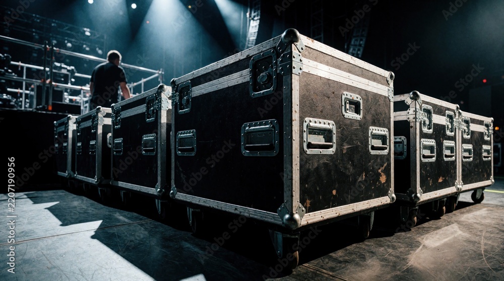 Fototapeta premium Black heavy duty flight cases with metal edges stand in row on concert stage floor. Pro audio gear equipment in transport boxes ready for music tour. Road crew technician prepares production setup at