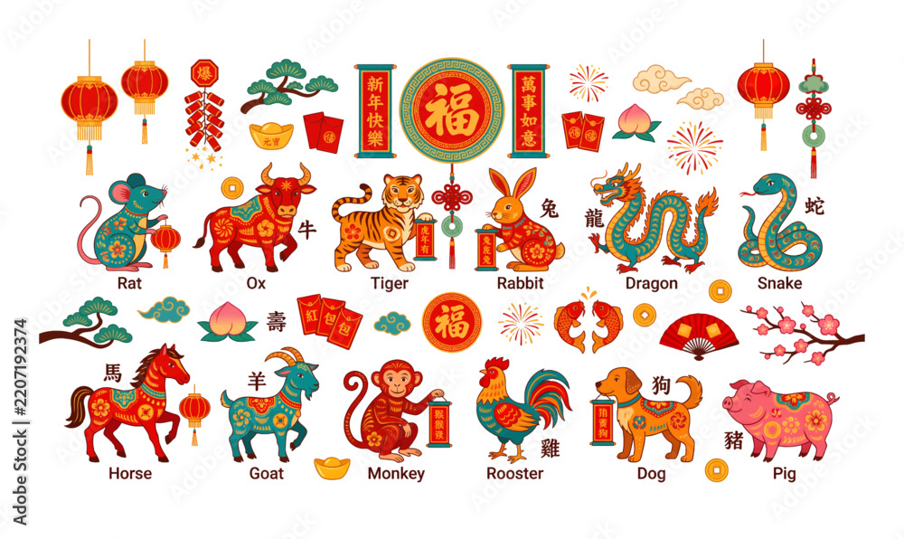 Obraz premium Chinese Zodiac Animals and Symbols Collection for Lunar New Year Celebration.