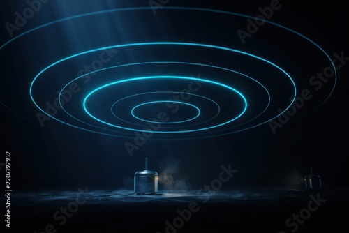 Futuristic neon light circles glowing in dark room, cyber abstract studio background with metallic object, digital spotlight podium