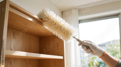 Person cleans wooden bookshelf with soft duster tool in bright room. Hand in protective glove removes dust from high furniture surface. Domestic housework chore maintains hygiene, tidiness in modern