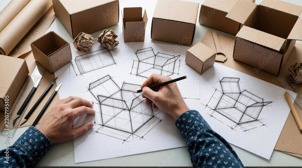 Fototapeta premium Pro designer sketches cardboard box packaging prototypes on white paper. Creative person uses pencil to draw technical layouts in studio workspace. Industrial design project involves planning