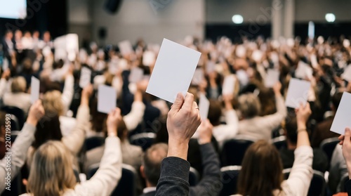 Audience raising hands with blank cards at a conference or event blurred perspective