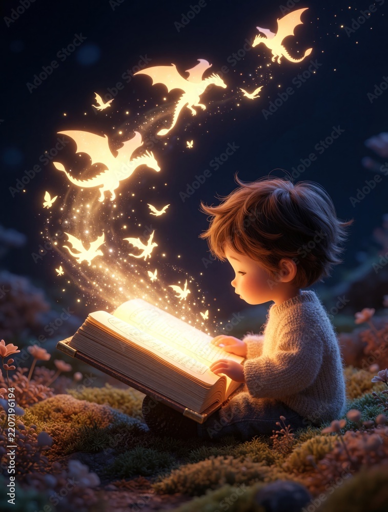 Obraz premium Little child reads magical glowing book in dark forest. Golden fantasy dragons fly out from open pages. Dreamy night scene with sparkles, light. Kid explores imaginary world through reading