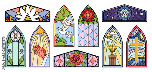 Cartoon isolated gothic arch windows with flourish pattern and spiritual holy symbols of religion and god, colorful flowers and dove, cup and cross