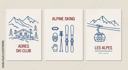 Vintage Ski Posters Apres Ski Club Alpine Skiing Les Alpes, Beige Background Vector Illustration, Retro French Resort Tourism Artwork