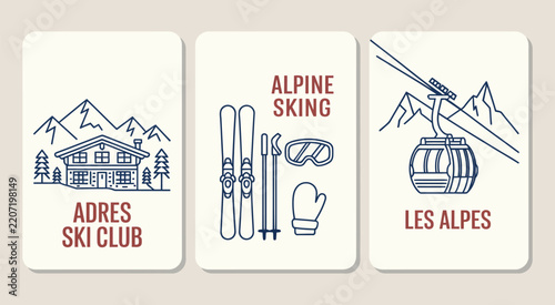 Vintage Ski Posters Apres Ski Club Alpine Skiing Les Alpes, Beige Background Vector Illustration, Retro French Resort Tourism Artwork