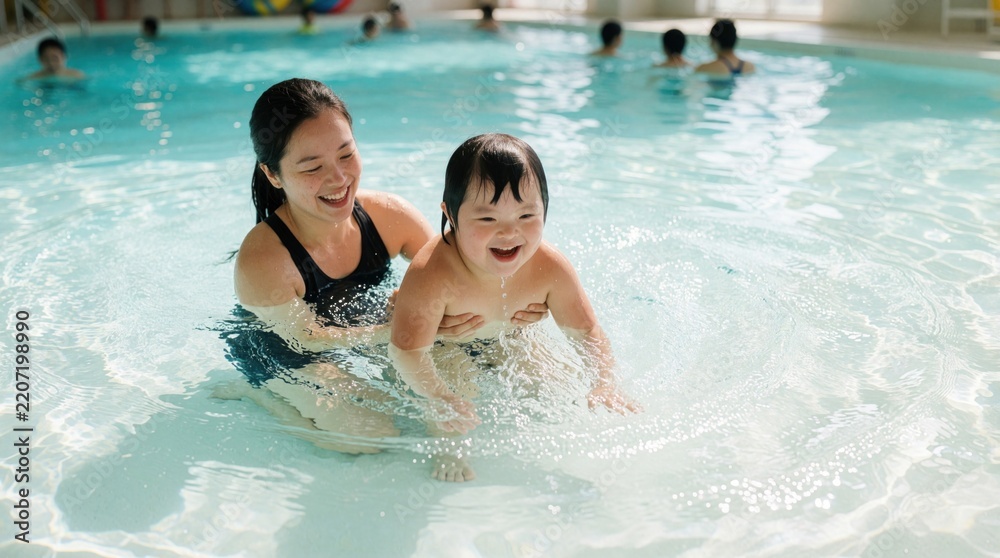 Fototapeta premium Female swim coach helps boy with Down syndrome in indoor pool. Instructor supports child splash water, laugh together. Special needs kid learns swimming skills during inclusive physical therapy