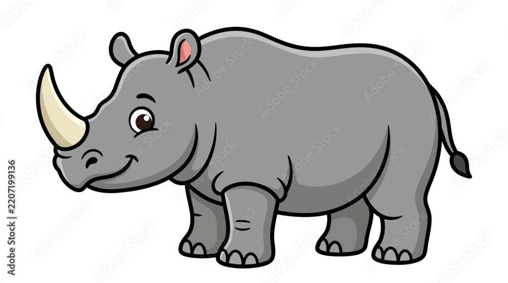 Obraz premium Cute cartoon rhinoceros character standing on a white background.