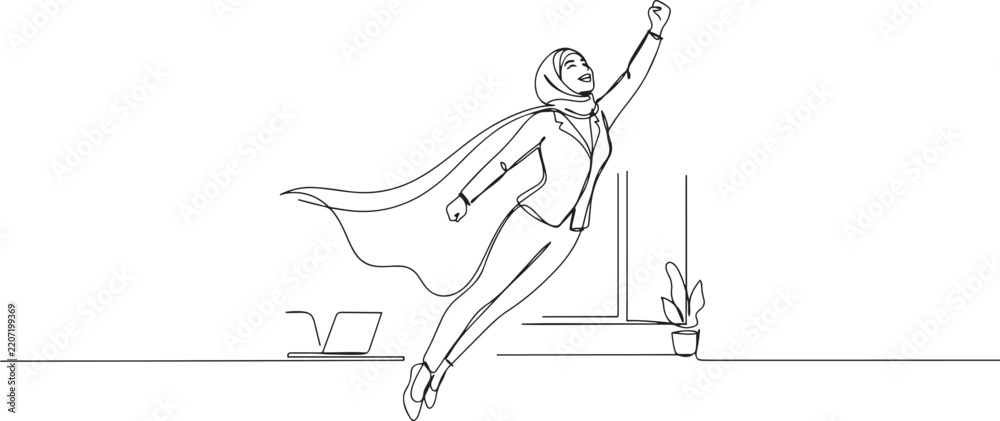 Fototapeta premium Single continuous line drawing superhero Arab businesswoman in office hijab flying upward with cloak. Joyful woman raising her fist in up rejoicing at her success. one line Icon drawing