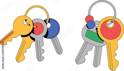 Two key rings with colorful house keys set, real estate lock safety flat vector illustrationTwo key rings with colorful house keys set, real estate lock safety flat vector illustration