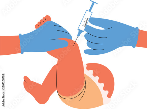 Doctor hands in gloves vaccinating baby leg with syringe, childhood immunization concept in vector style