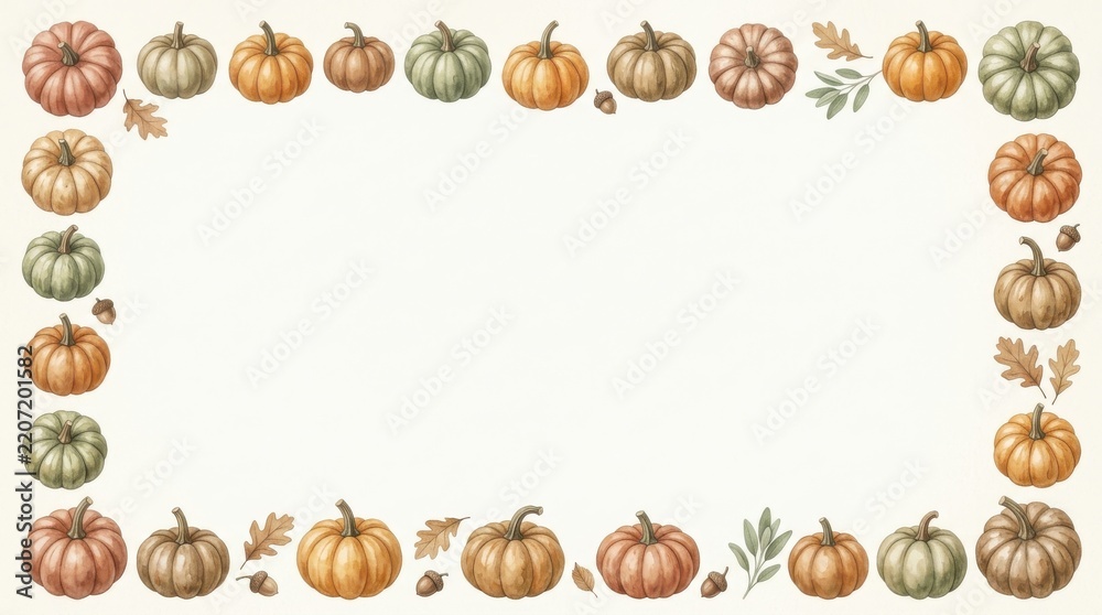 Fototapeta premium Decorative autumn pumpkin border with fall leaves for seasonal design