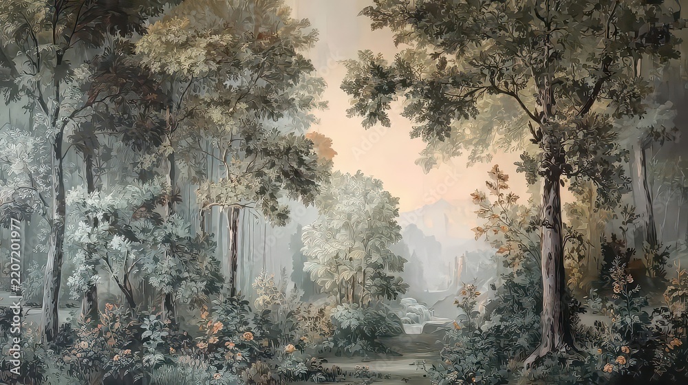 Obraz premium Wall painting with classic forest image in the interior for home decor and wall art. Calm composition for relaxation and rest