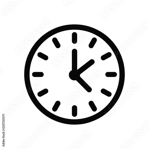 Simple black clock icon showing time on white background for design