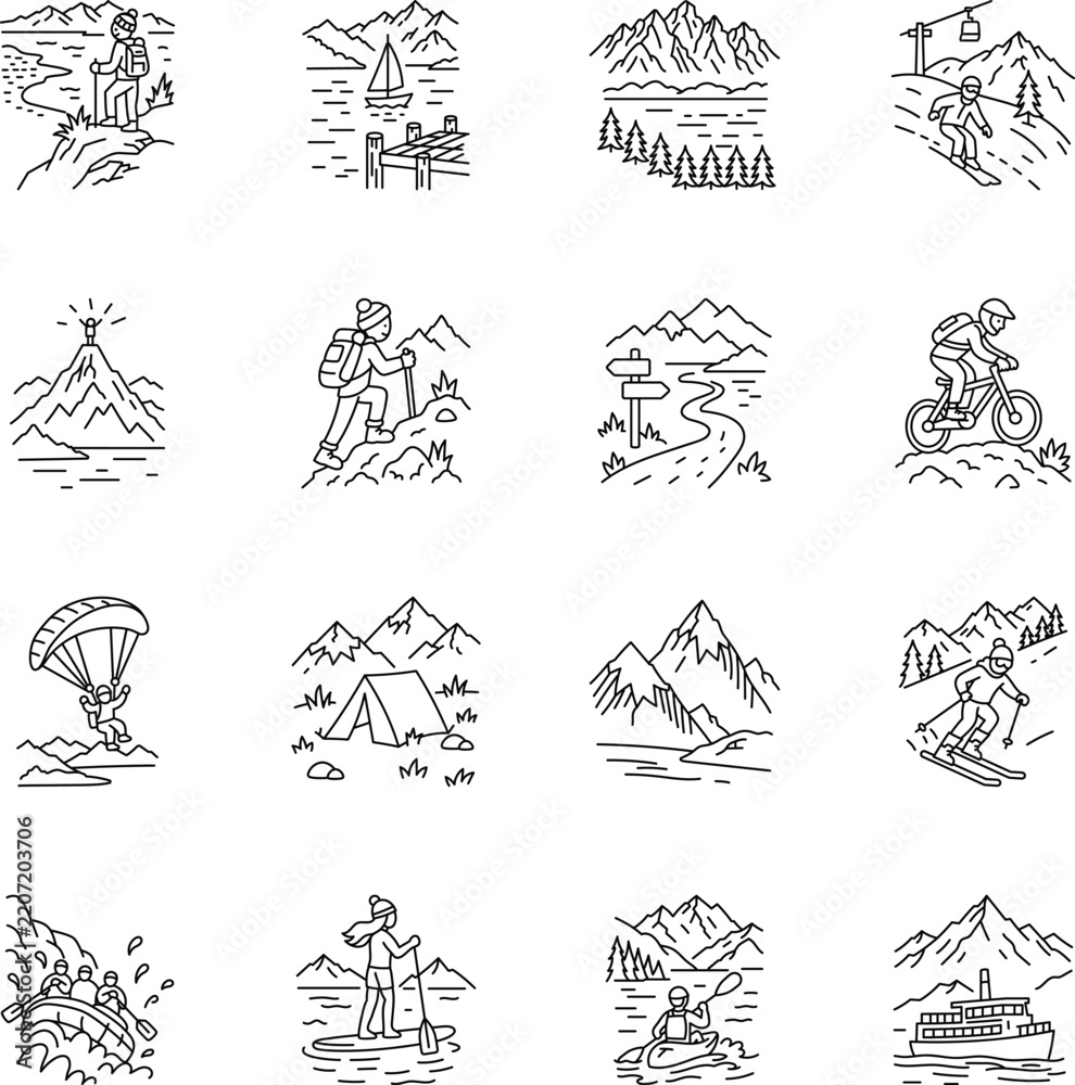 Fototapeta premium Queenstown mountains, alpine trails, skiing, hiking, cycling, paragliding, camping, rafting, paddling, lake travel in doodle style. 