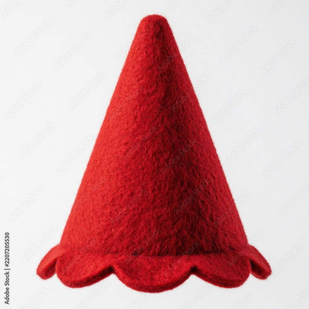 Obraz premium Red conical felt hat with wavy edges. Pointed gnome cap dwarf headwear for fantasy costume. Festive party accessory for elf fairy tale character. Bright red fabric cap isolated on white background