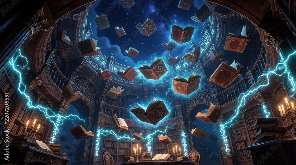 Obraz premium Magical fantasy library with flying books under starry night sky. Glowing runes, blue lightning bolts swirl through ancient halls. Enchanted books float in air amidst mystical light, cosmic energy.