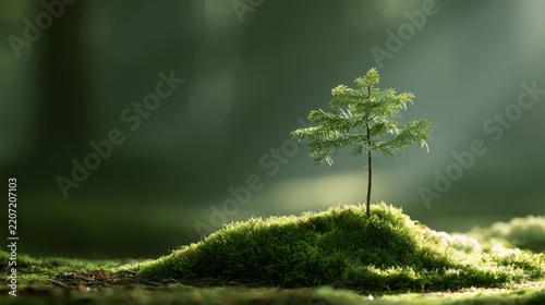 Small pine tree sapling growing on a lush green mossy mound in a softly lit forest environment symbolizing growth and renewal