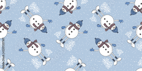 Сheerful christmas snowmen, frozen fir trees seamless pattern, vector background, paper, wallpaper, wrapping
