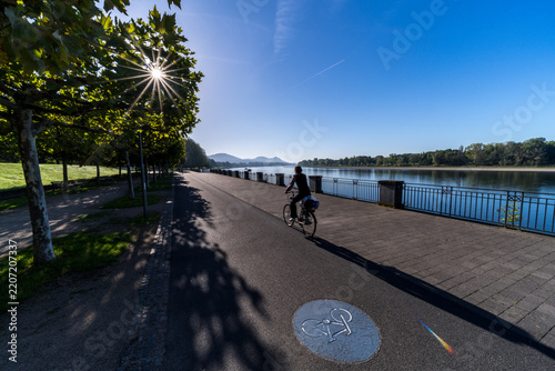 Radfahrer am Radweg am Rheinufer in Bonn
