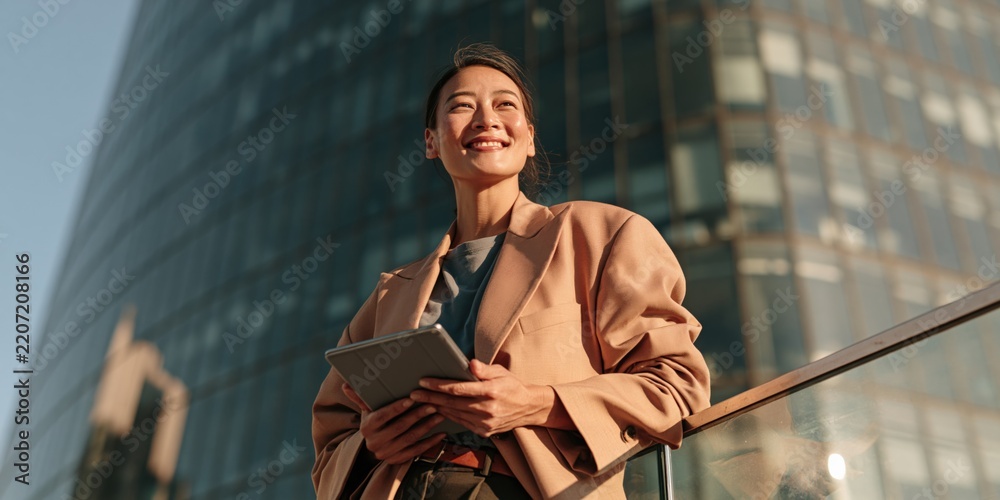 Obraz premium Confident businesswoman holding tablet on an urban balcony with modern glass skyscraper in sunlight for corporate banner background and professional website header