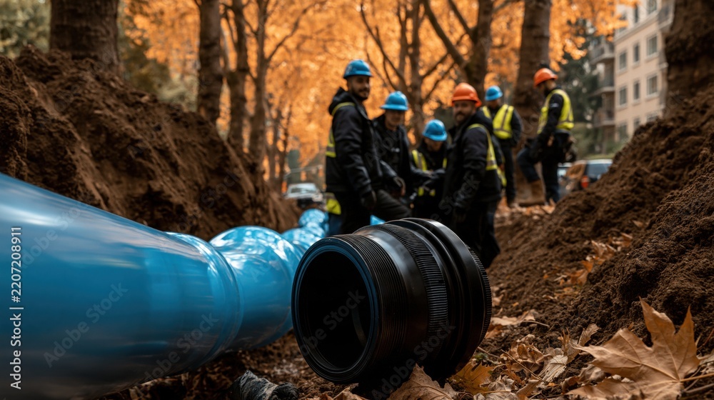 Obraz premium Construction workers wearing safety helmets installing large blue underground pipes along a trench during autumn in an urban area with fallen leaves and buildin