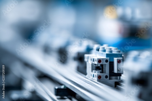 Modular plastic component on automated production line. Industrial manufacturing machinery detail