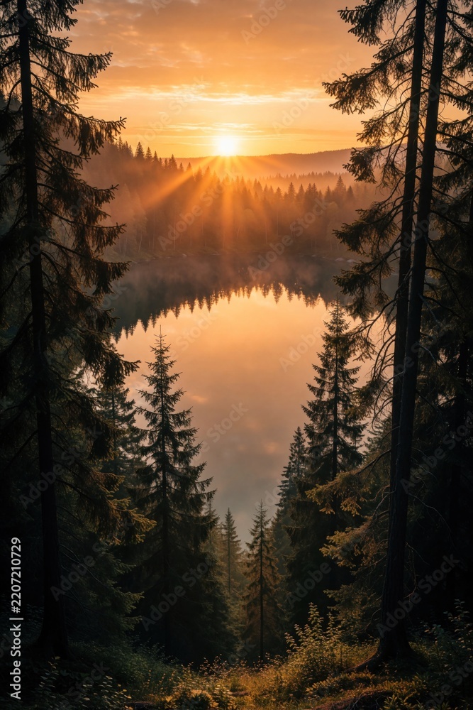 Obraz premium Golden sunrise over calm lake surrounded by pine forest. Morning mist floats above water surface between tall spruce trees. Sun rays shine through branches in mountain landscape. Peaceful autumn