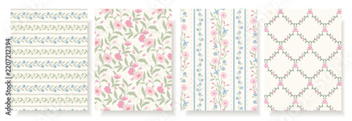 Pastel vintage floral seamless pattern collection with delicate pink flowers, blue bellflowers, leafy vines, stripes and trellis motifs for fabric, wallpaper, stationery, packaging and home decor.