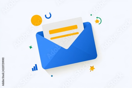 Blue Envelope with Letter and Colorful Decorative Symbols Flat Lay Illustration