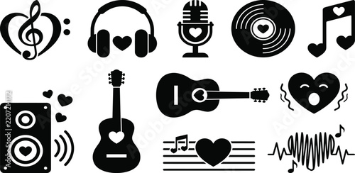 music note icons with hearts, outline and solid, for love song or romantic melody