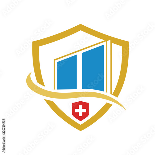 Insurance Shield Logo with Medical Cross, Health Protection and Financial Security Icon