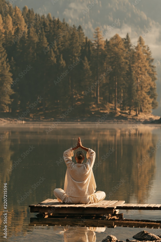 Fototapeta premium Rear view of a woman meditating crosslegged on a wooden pier over a calm forest lake at dawn for wellness background and meditation poster