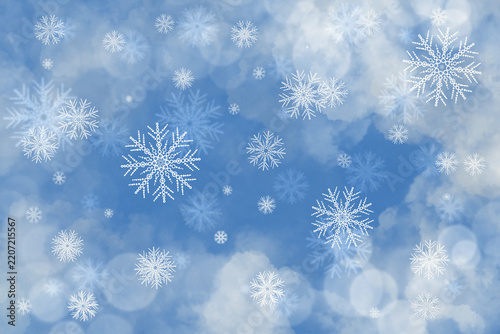 Light blue winter background featuring white ornate snowflakes soft cloud texture glowing bokeh light circles ideal for Christmas New Year holiday banner greeting card poster or digital backdrop.