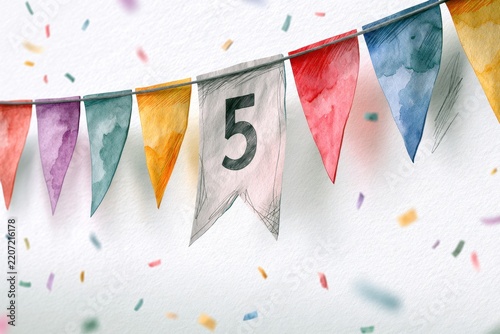 Vibrant festive pennant banners in multiple colors with a central flag displaying the number five surrounded by colorful confetti celebration elements