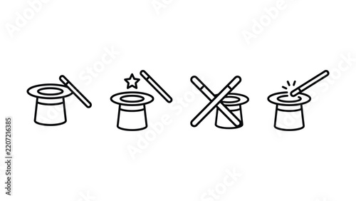 Four linear icons of magic hats and wands showing various magical actions in black outline on a white background