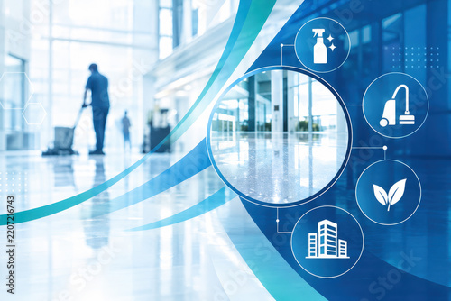 Modern Office Cleaner Using Buffer With Blue Graphic Interface Overlay