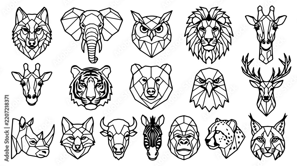 Fototapeta premium Geometric Animal Heads Collection Featuring Wolf Elephant Owl Lion Giraffe Tiger Bear Eagle Deer Rhino Fox Buffalo Zebra Gorilla Cheetah Lynx Silhouette PNG Isolated on transparent background