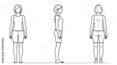 Female anatomical reference model showing front side and back views of a woman in athletic wear with short hair and faceless outline Silhouette PNG Isolated on transparent background