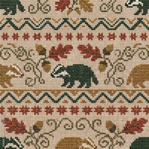 Seamless cross stitch embroidery pattern featuring stylized badgers and autumn oak leaves on a textured beige linen fabric background for cozy seasonal textile design projects