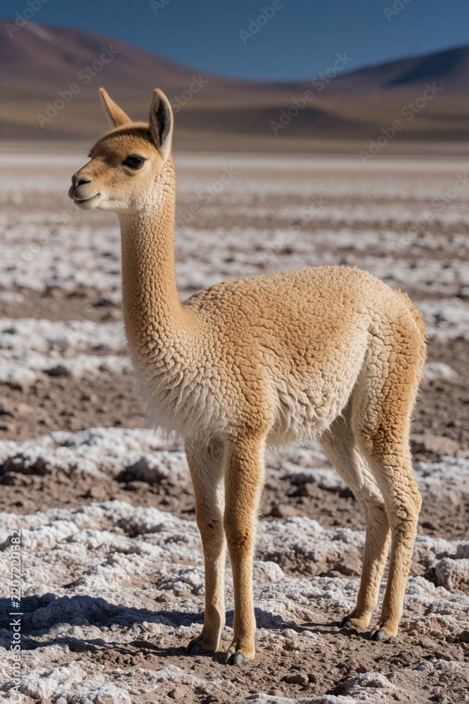 Fototapeta premium Young vicuna stands in side profile on salt crust in Bolivian Altiplano. Slender wild mammal with cinnamon fur looks alert in highland wetland. Single animal explores arid landscape near mountains