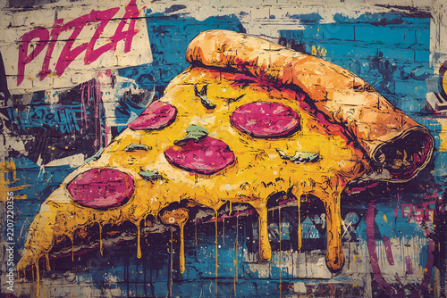 Graffiti Street Art Style Yellow Pizza Slice On Blue Wall With Purple Texture Drips