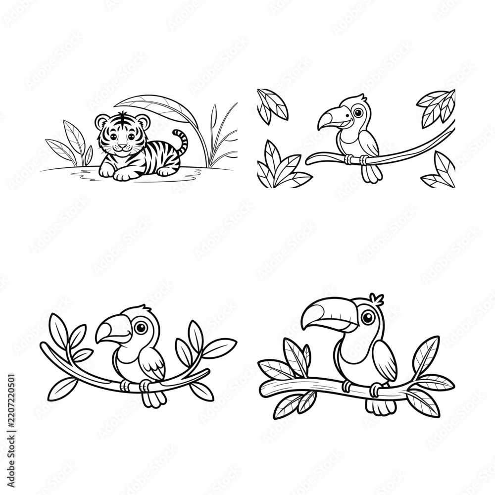 Obraz premium Adorable tiger cub and toucan bird coloring book templates depicting friendly wild animals perched on branches in jungle.