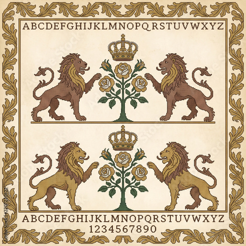 Vintage cross stitch embroidery pattern featuring heraldic lions with royal crowns and floral rose motifs framed by an ornate acanthus leaf border on a textured parchment background
