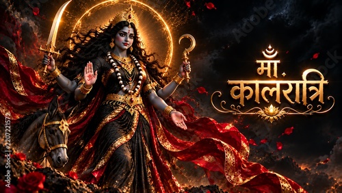 Divine hindu goddess maa kalaratri with glowing aura and red floral elements